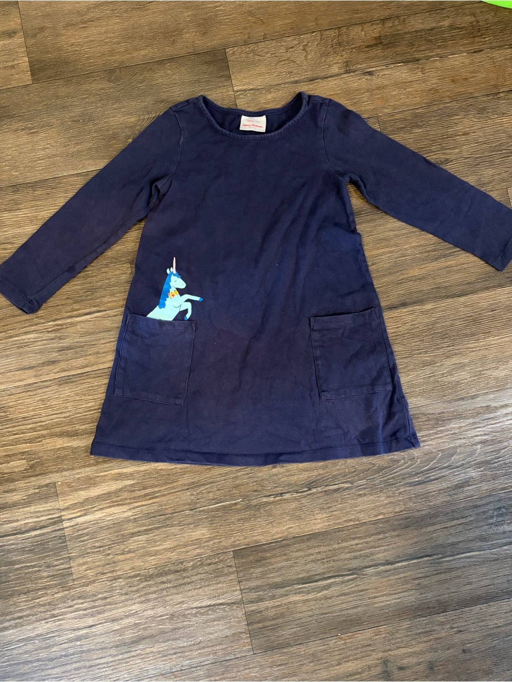Hanna Andersson Girls Unicorn Navy Pocket Peek Art Causal Long Sleeve Dress SZ 5